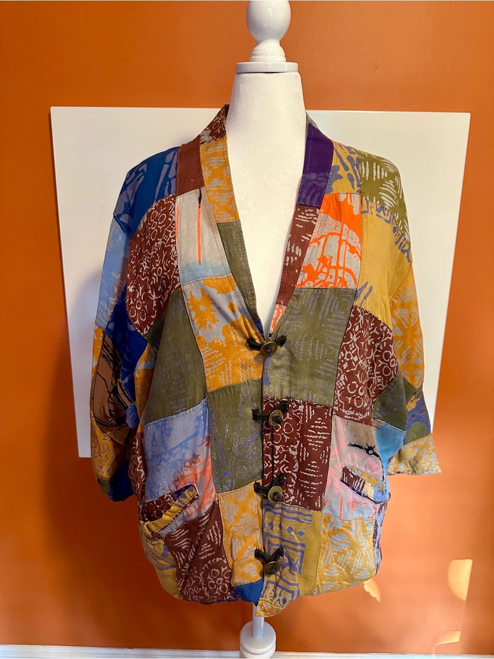 Vintage Reversible Patchwork Batik Kimono Jacket | Boho Artisan Cardigan OS